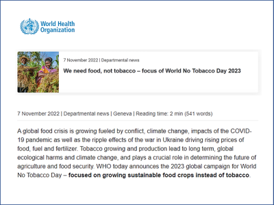 2023年（令和5年）世界禁煙デーのグローバルキャンペーンの焦点は ”We need food, not tobacco”（たばこではなく食べ物が必要）（WHO）