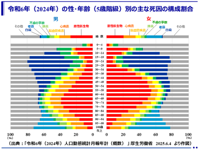 令和6年（2024年）の性・年齢（5歳階級）別の主な死因の男女別構成割合：「令和6年（2024年）人口動態統計月報年計（概数）」（厚生労働省）